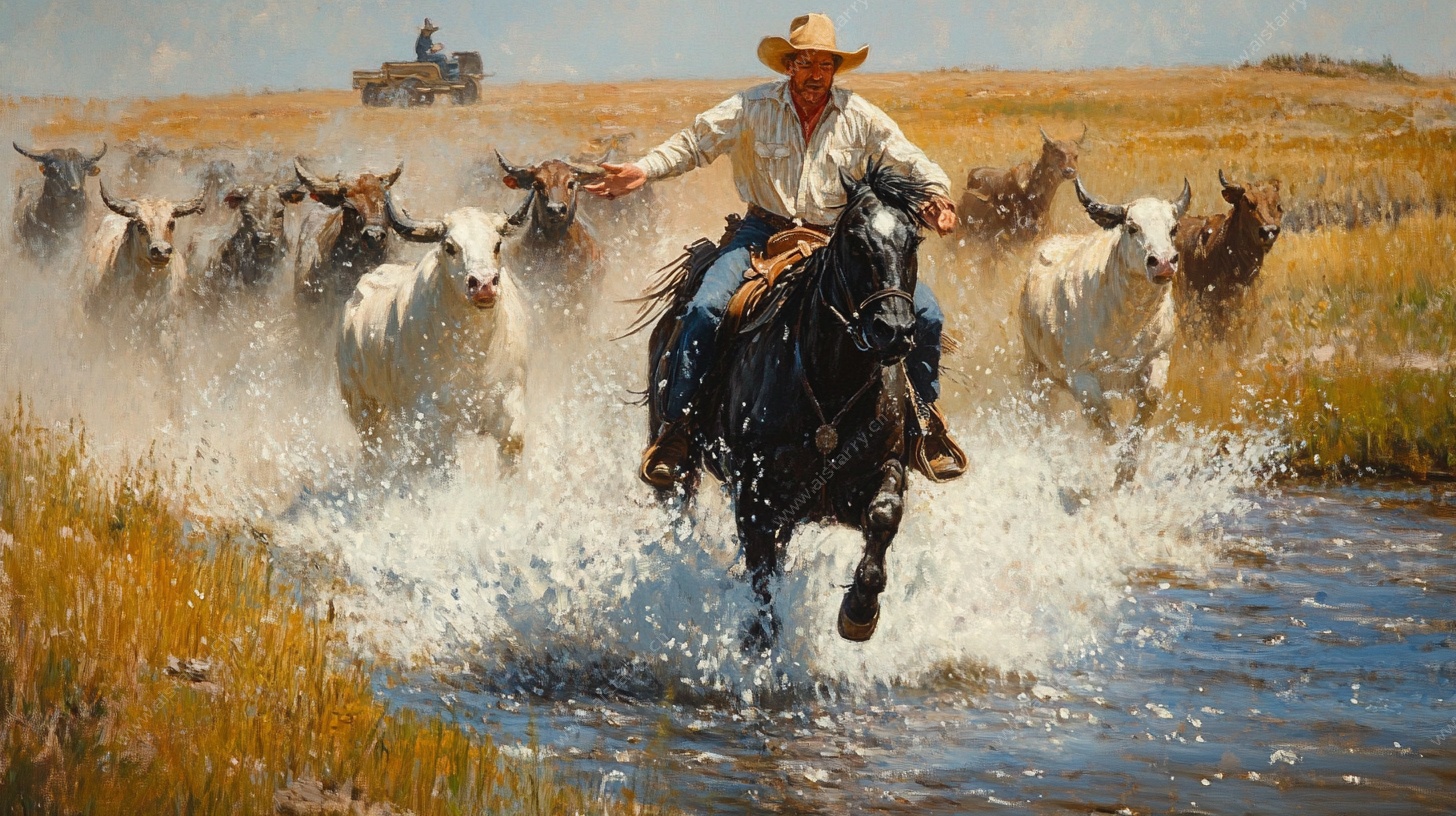 牛仔策马赶牛过河场景