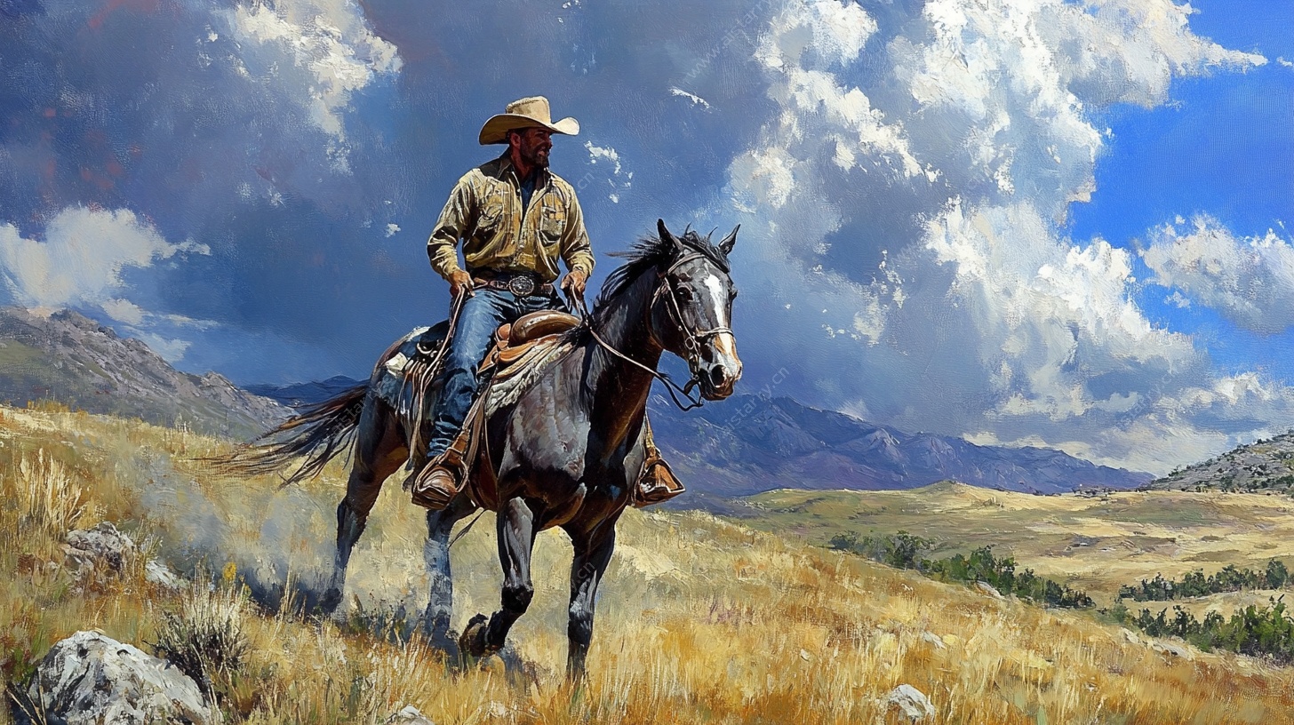 骑马牛仔在广袤原野驰骋