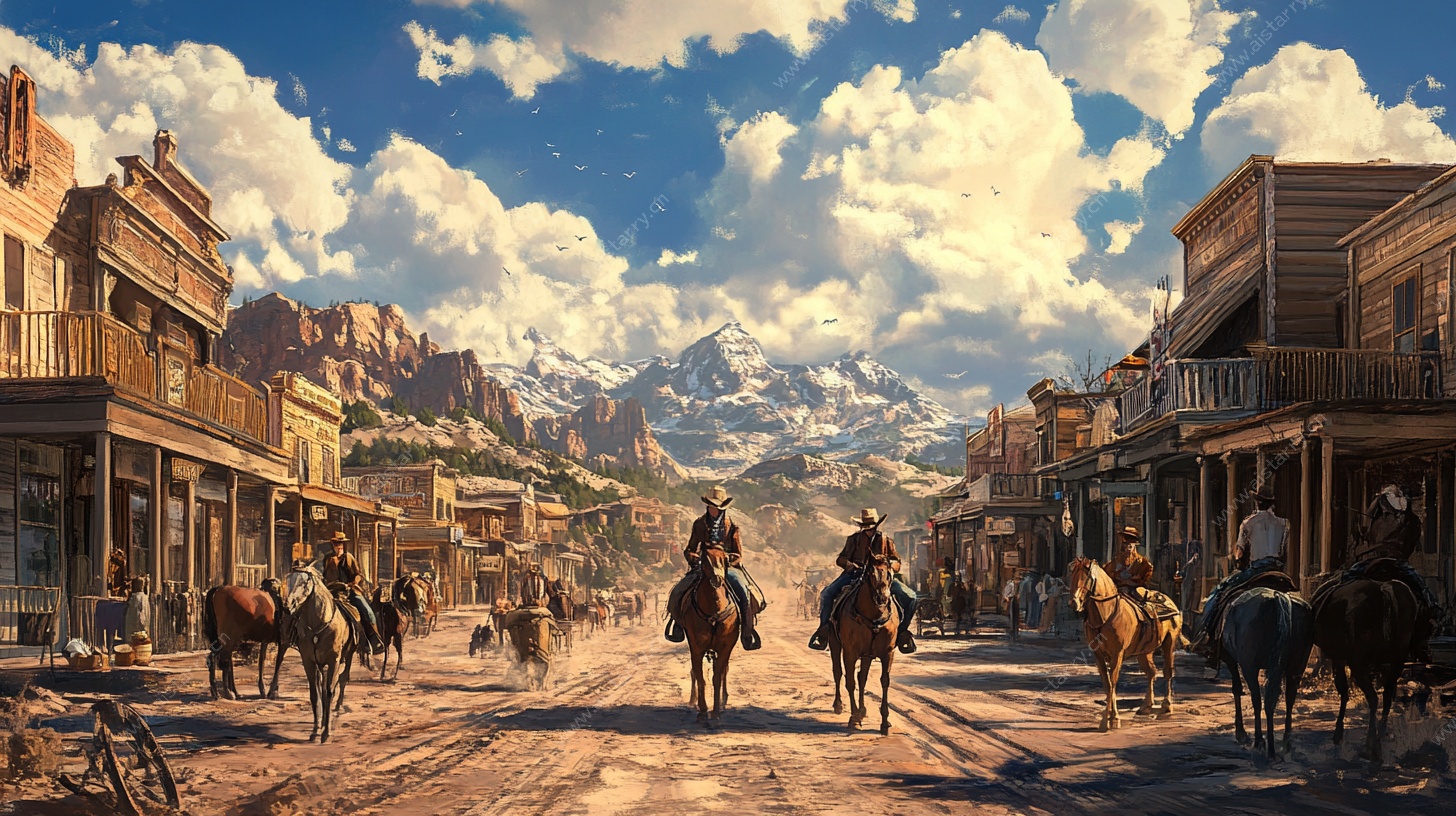 西部小镇牛仔骑马街景