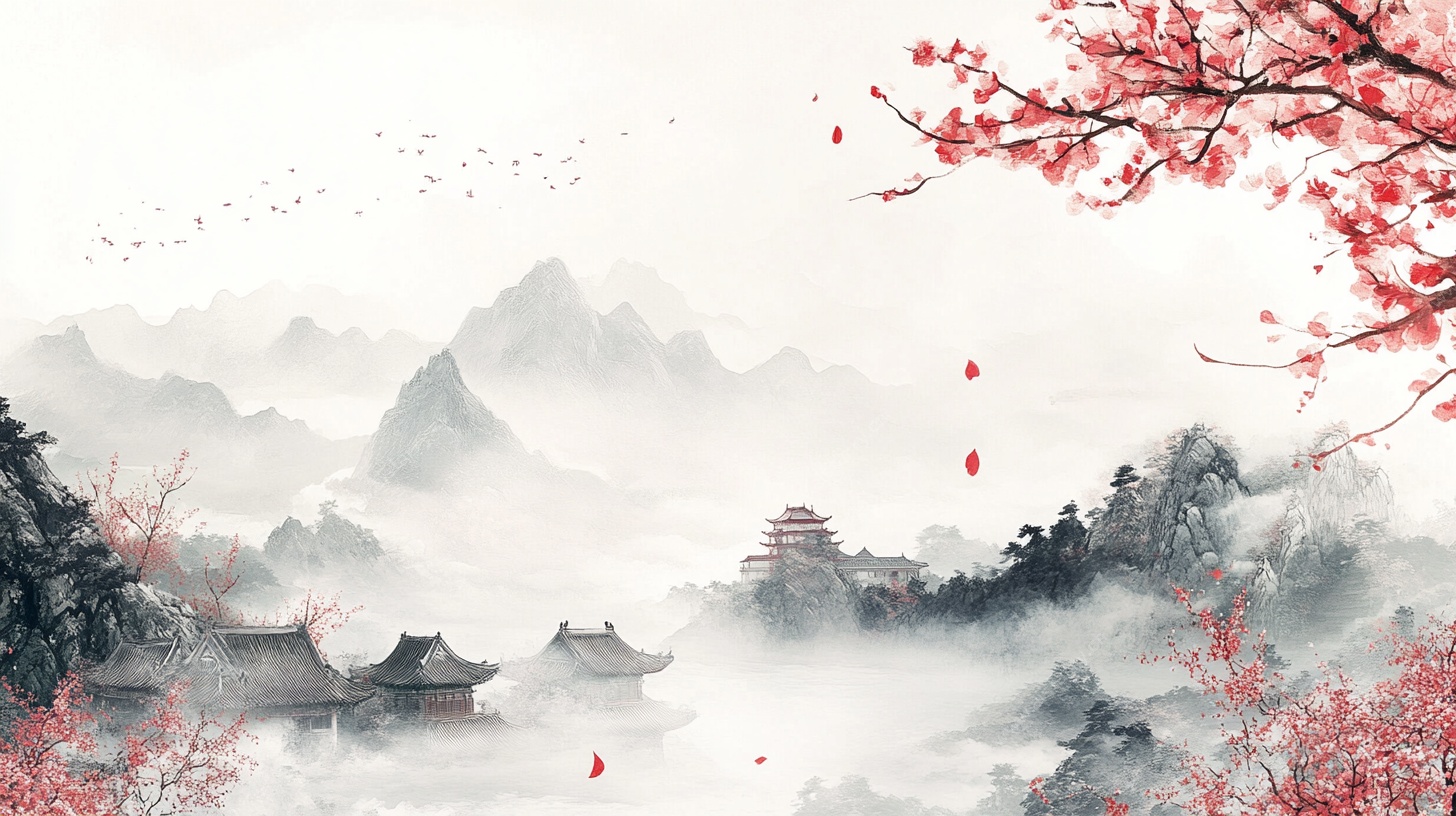 水墨山水红梅古建筑图景