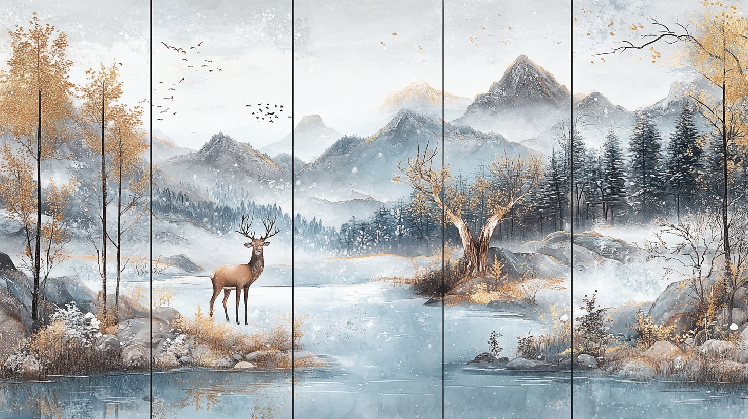 山水麋鹿风景画