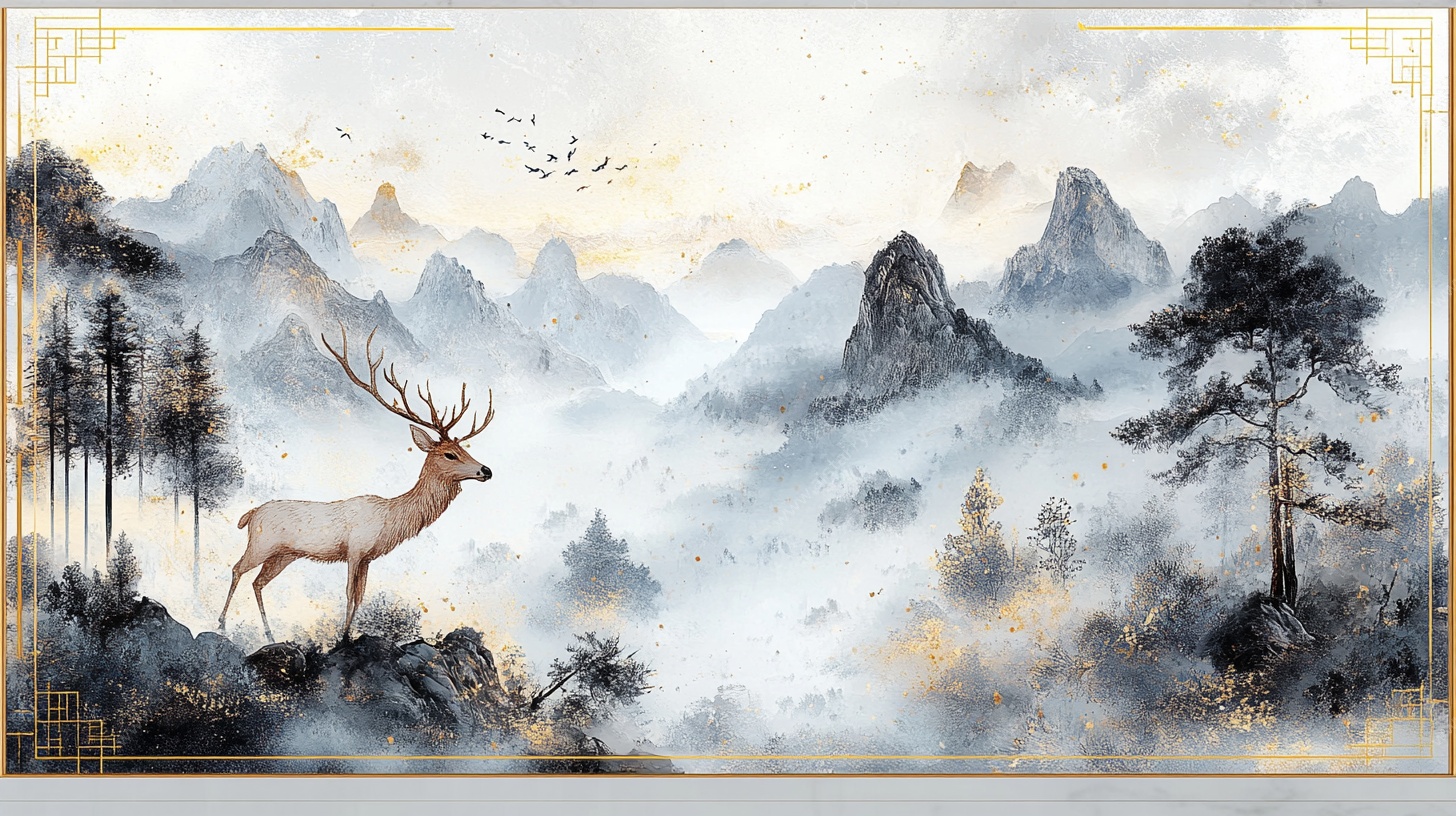 水墨山水间的灵鹿