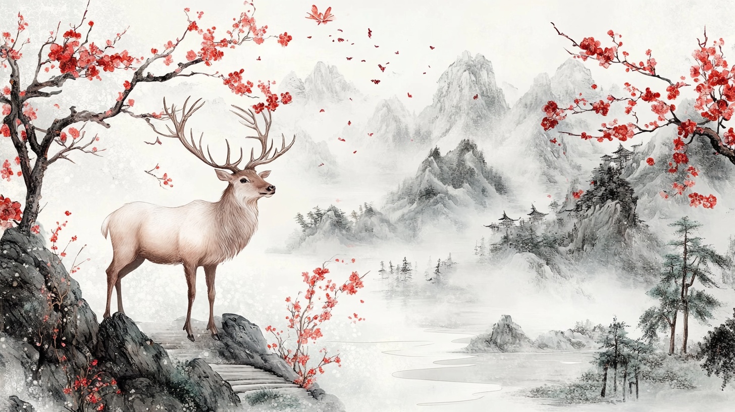 水墨山水间的灵鹿