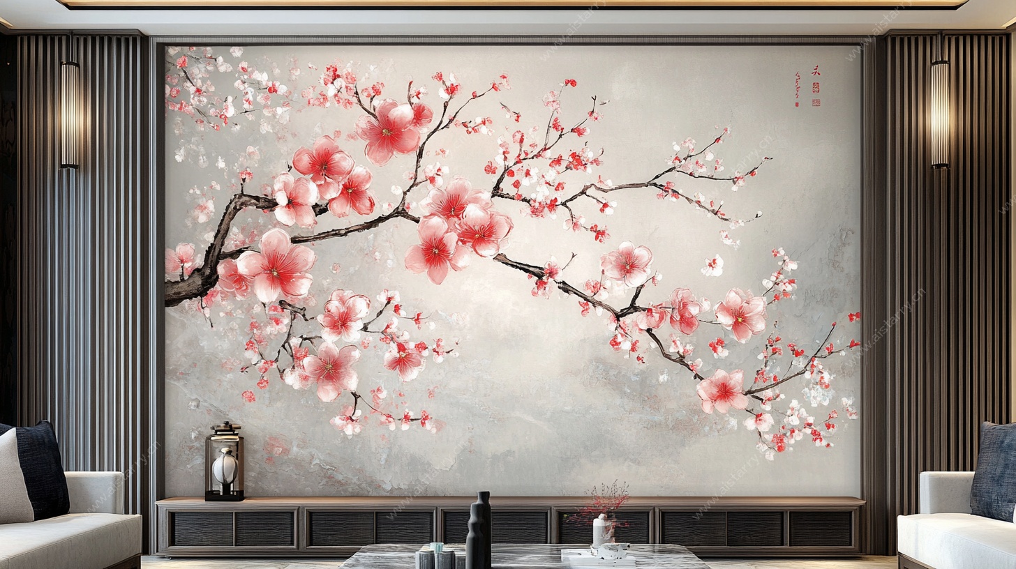 中式客厅梅花壁画装饰