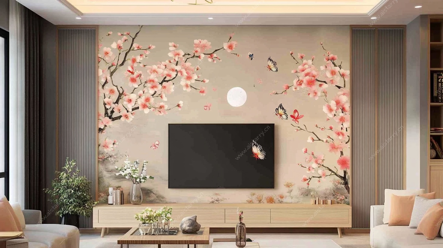 中式客厅桃花电视背景墙