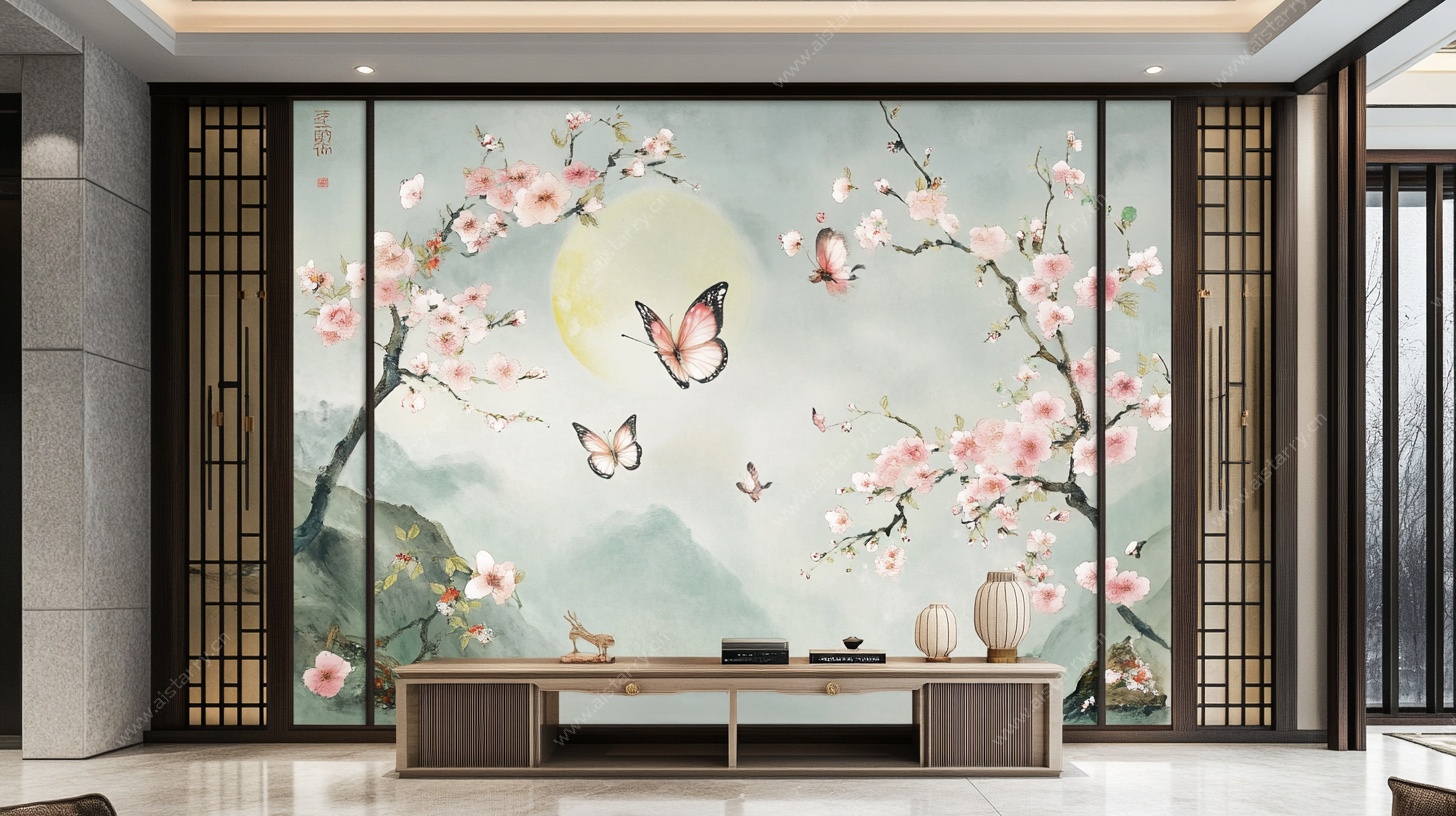 中式花鸟山水电视背景墙