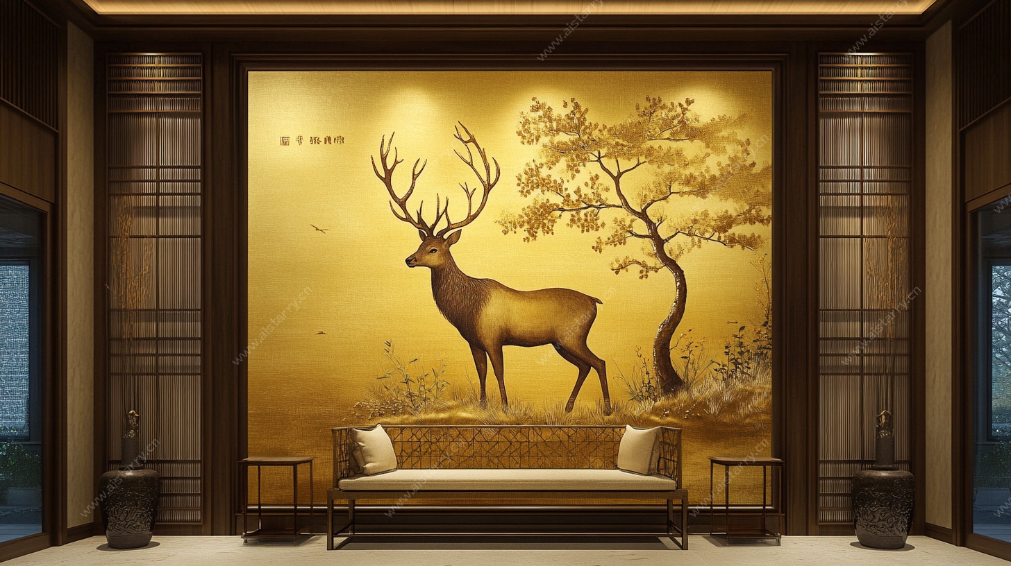 中式客厅金色麋鹿壁画