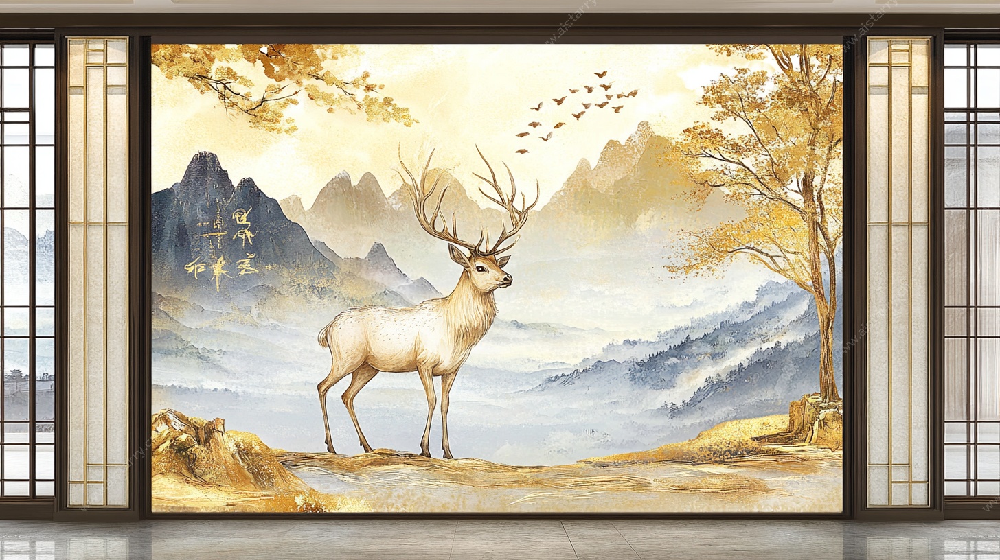 中式山水灵鹿玄关壁画