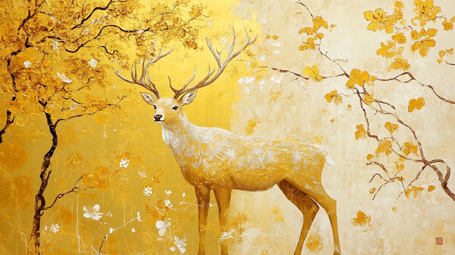 金色秋林麋鹿油画意境图