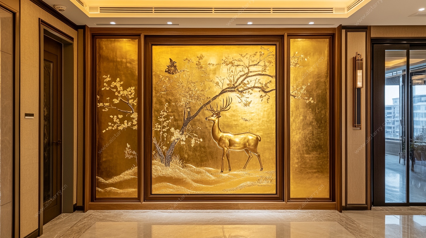 奢华金箔鹿景玄关壁画