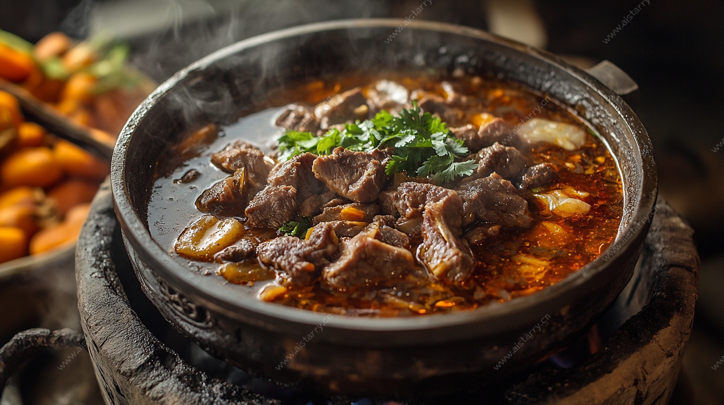 石锅牛肉热气腾腾美食图