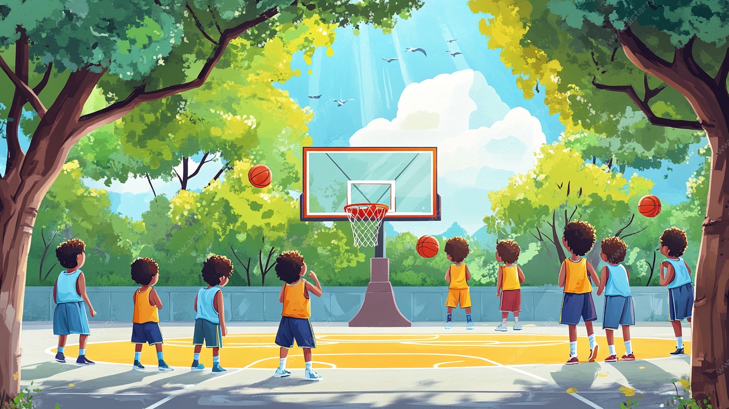 儿童在户外篮球场快乐投篮