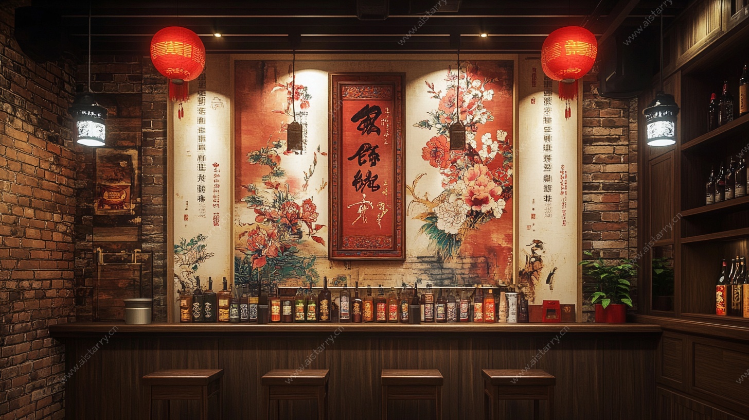 中式酒馆吧台复古风场景
