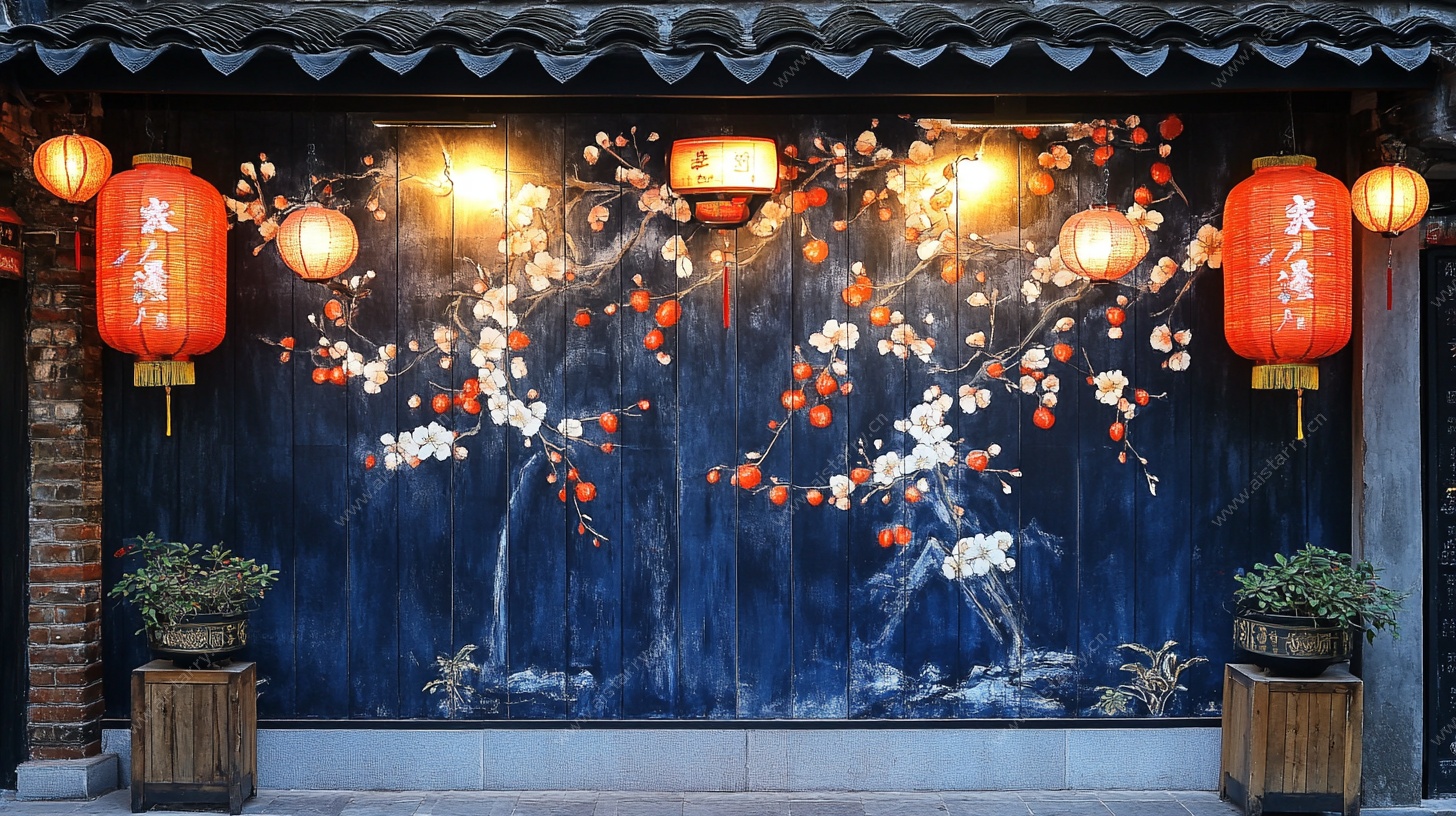 中式古风墙面灯笼装饰景