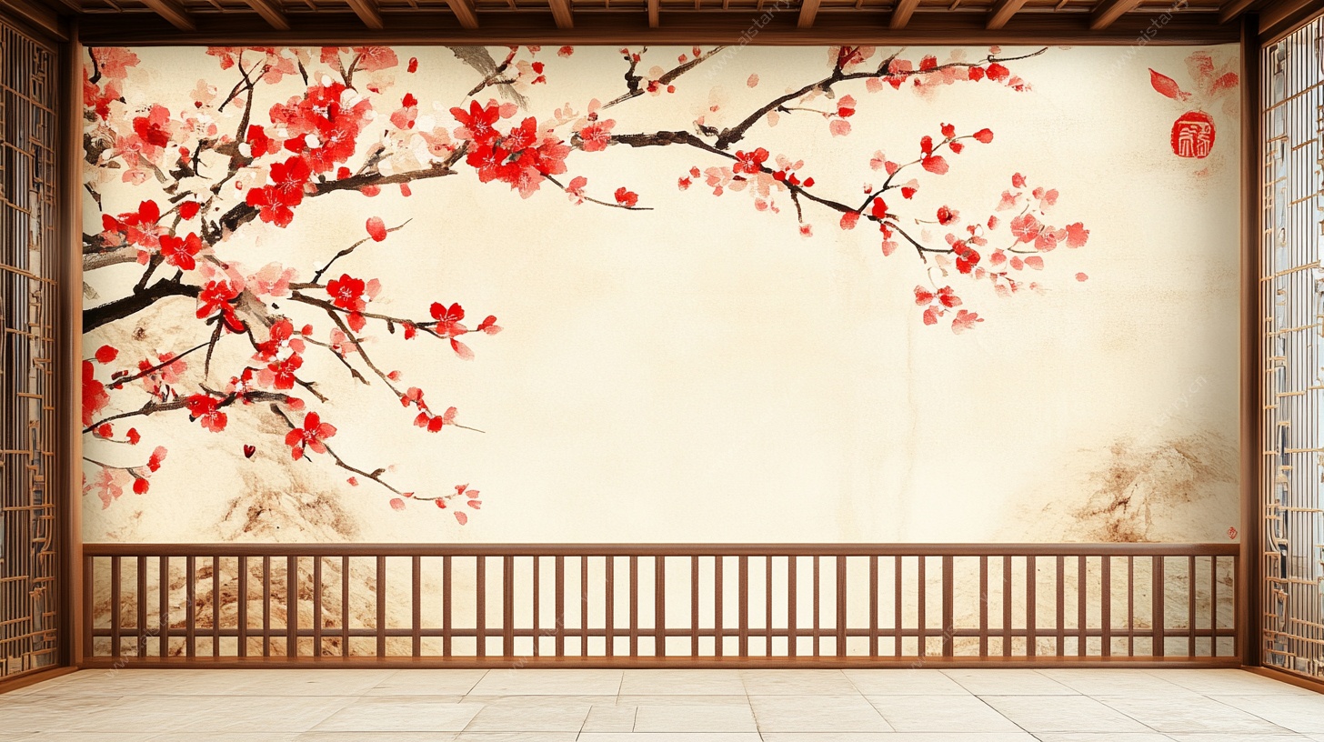 中式红梅墙面装饰场景