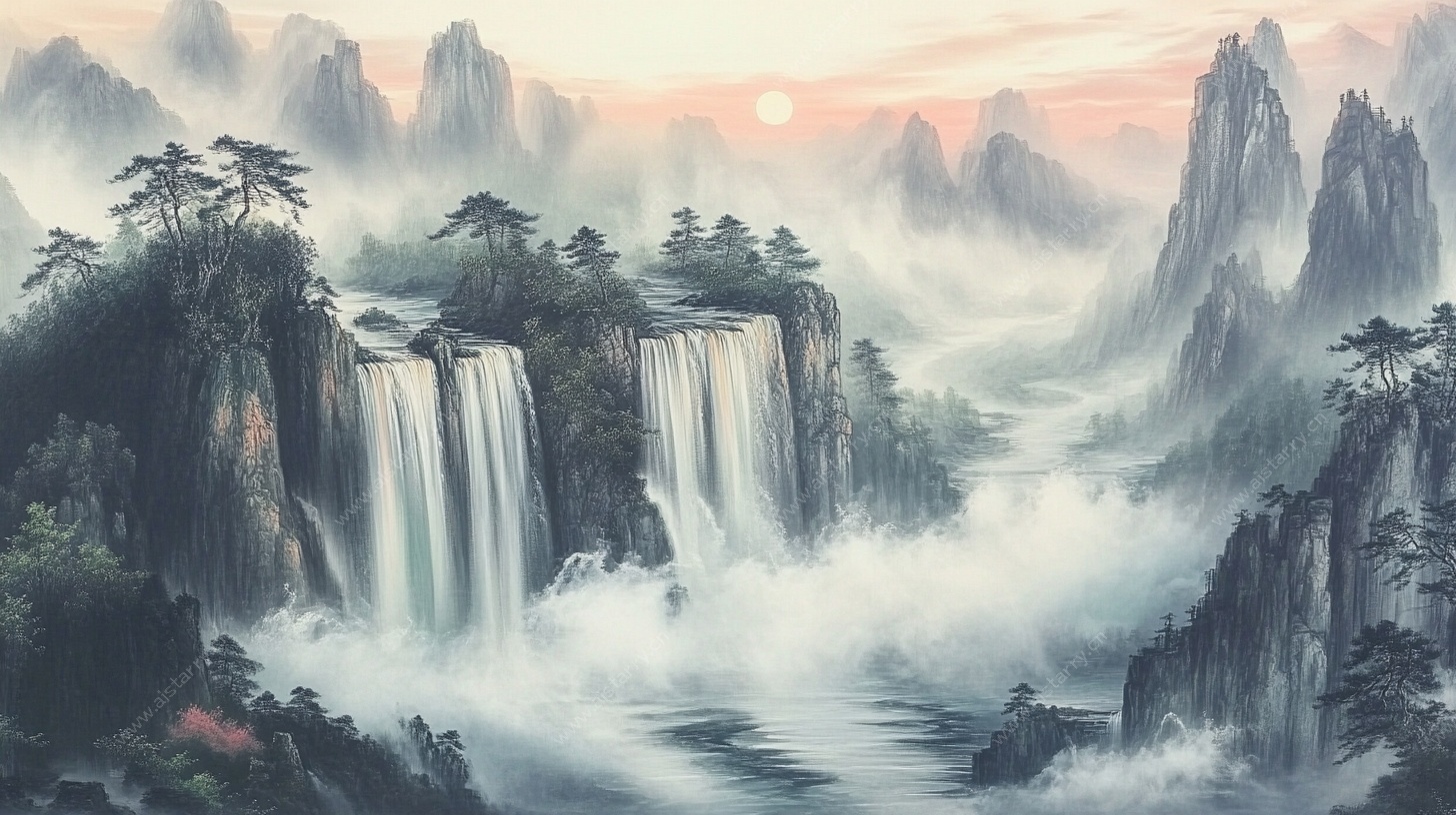 水墨山水瀑布壮丽景观