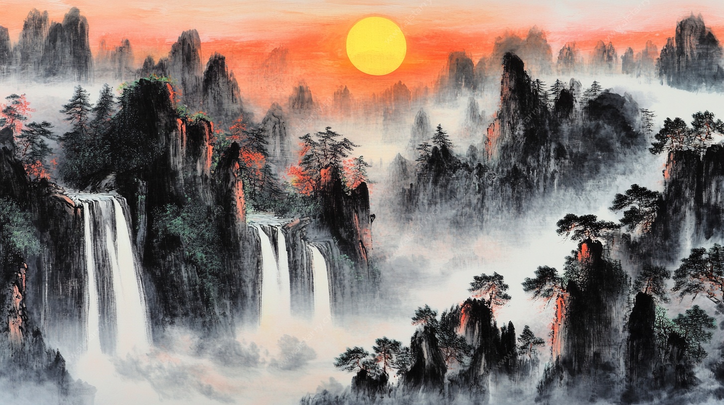 日出山水间壮丽水墨画