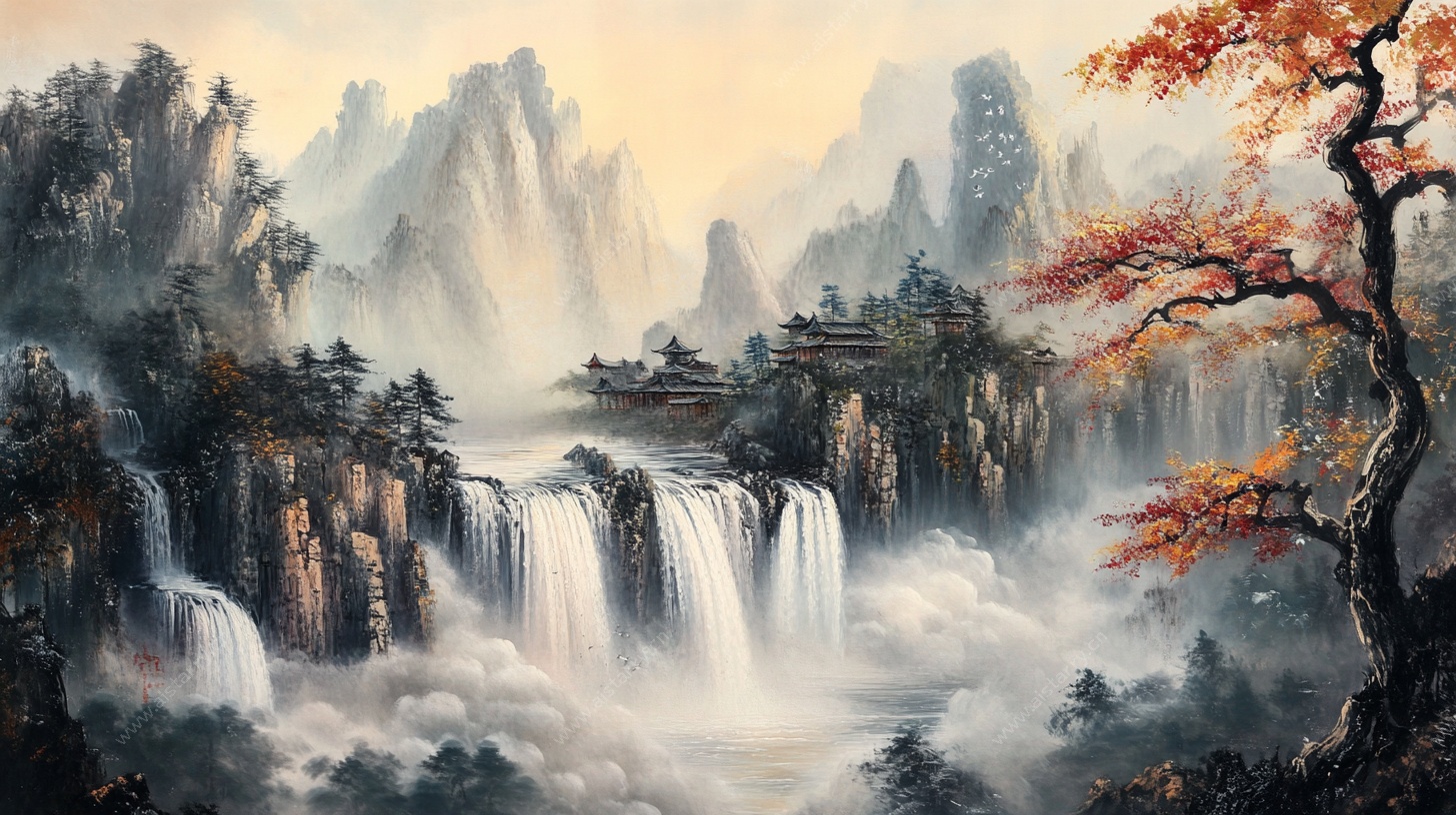 水墨山水瀑布秋景图