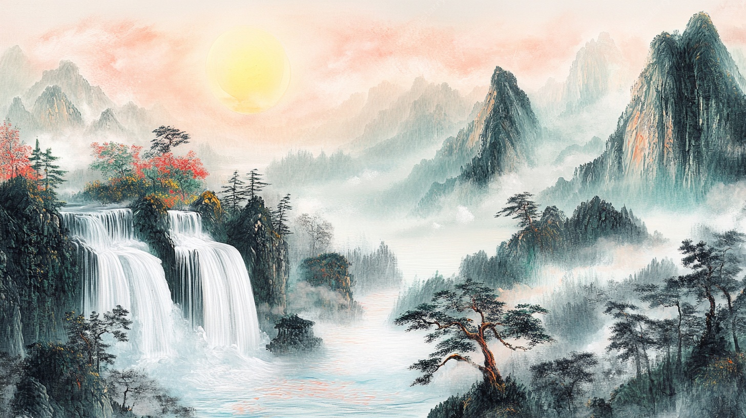 山水旭日瀑布国画美景