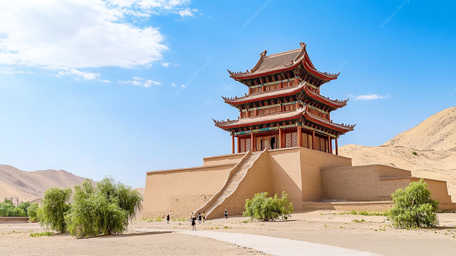 沙漠中的中式古建筑塔楼