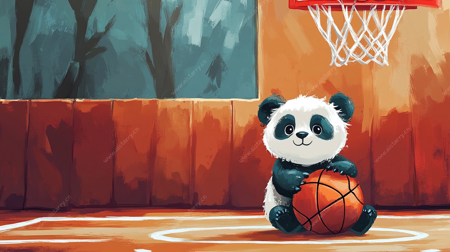 熊猫抱球在篮球场