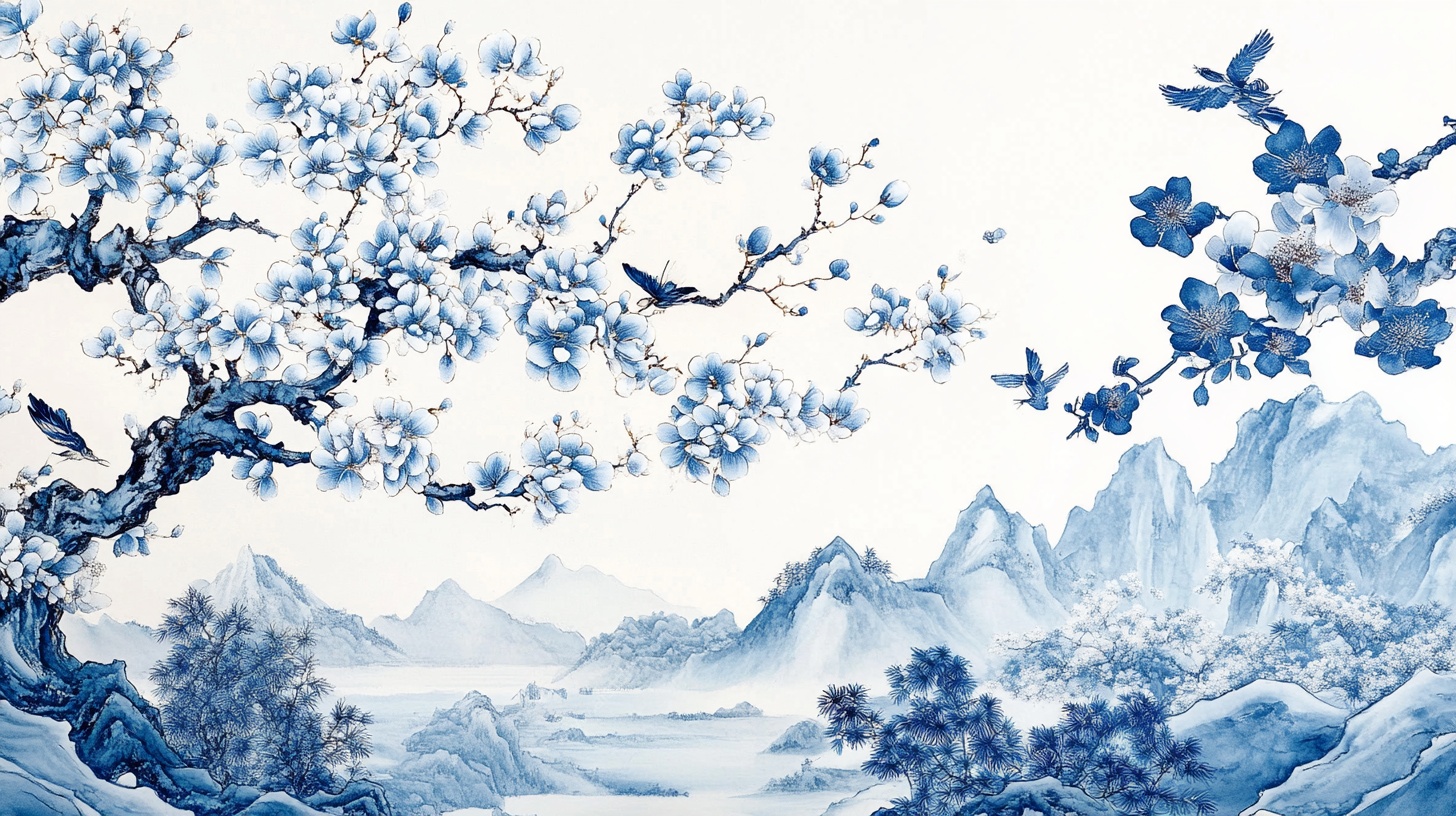 青花瓷风山水花鸟图