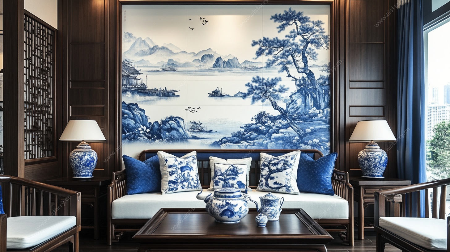 中式客厅蓝白青花瓷装饰