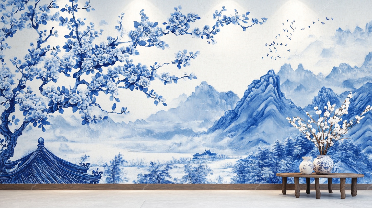 蓝白中式山水花鸟背景墙