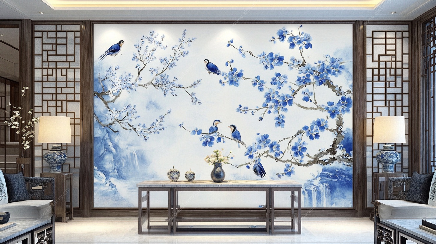中式客厅蓝白花鸟背景墙