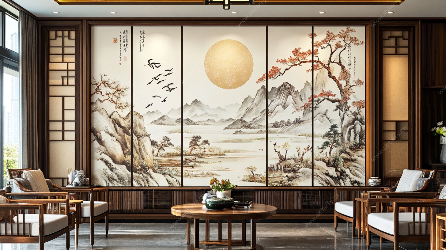 中式客厅山水屏风装饰画