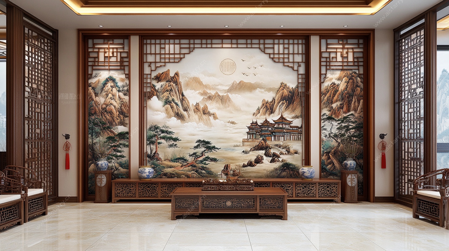 中式客厅山水壁画装饰