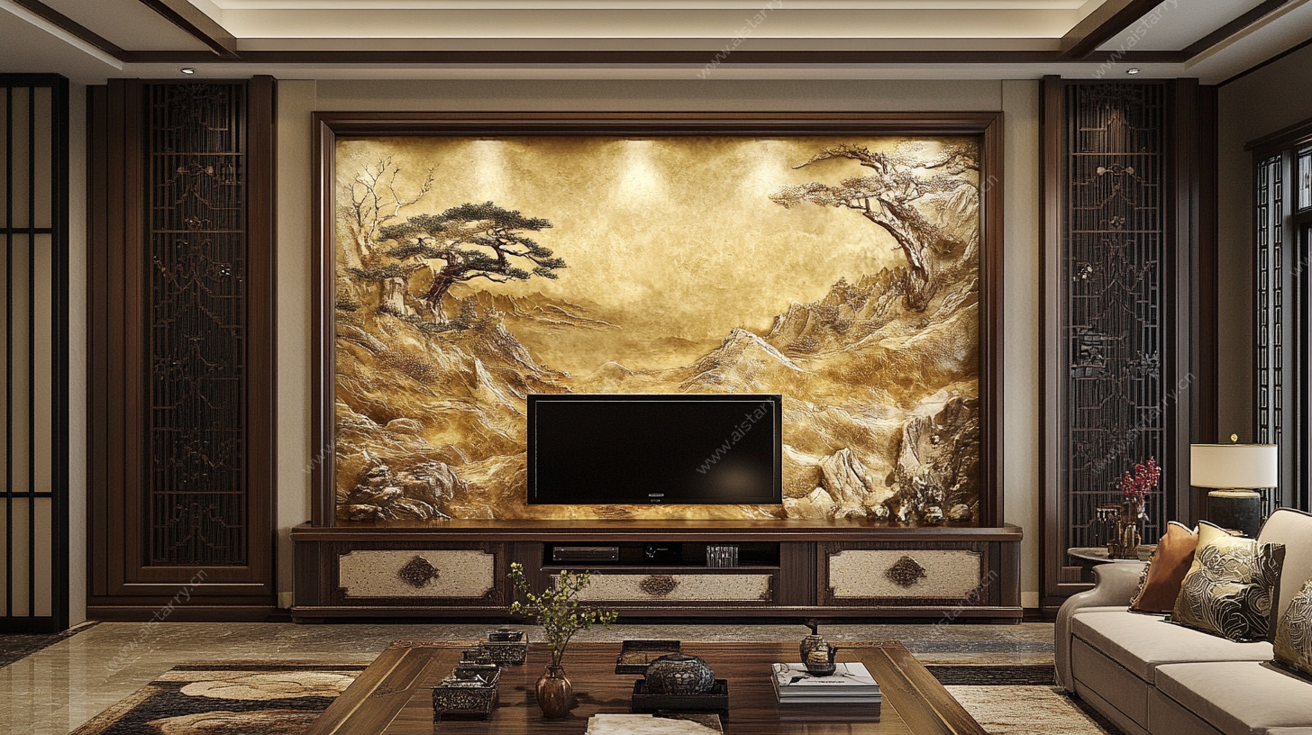 中式客厅山水壁画电视墙