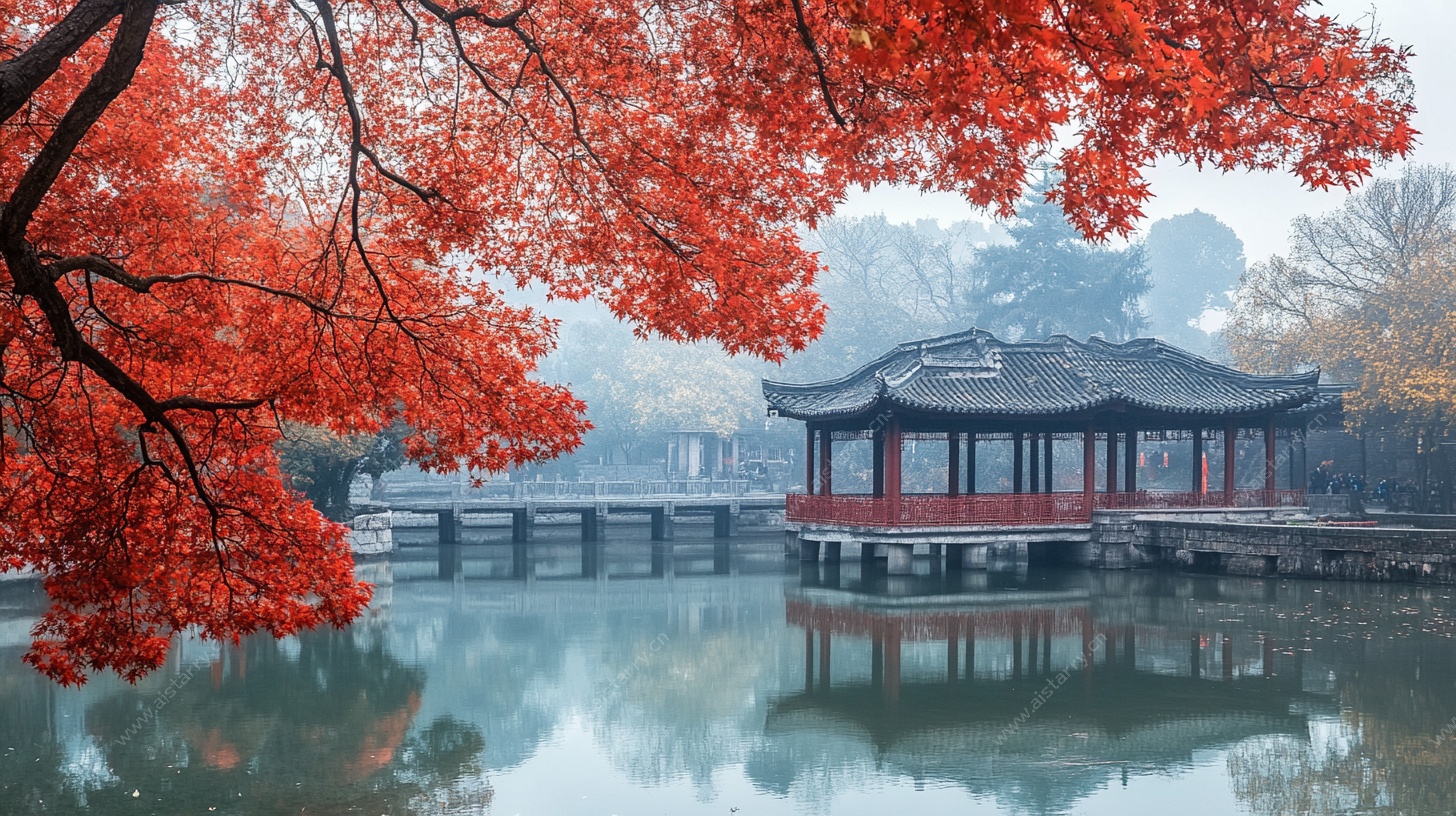 湖畔红枫映古亭