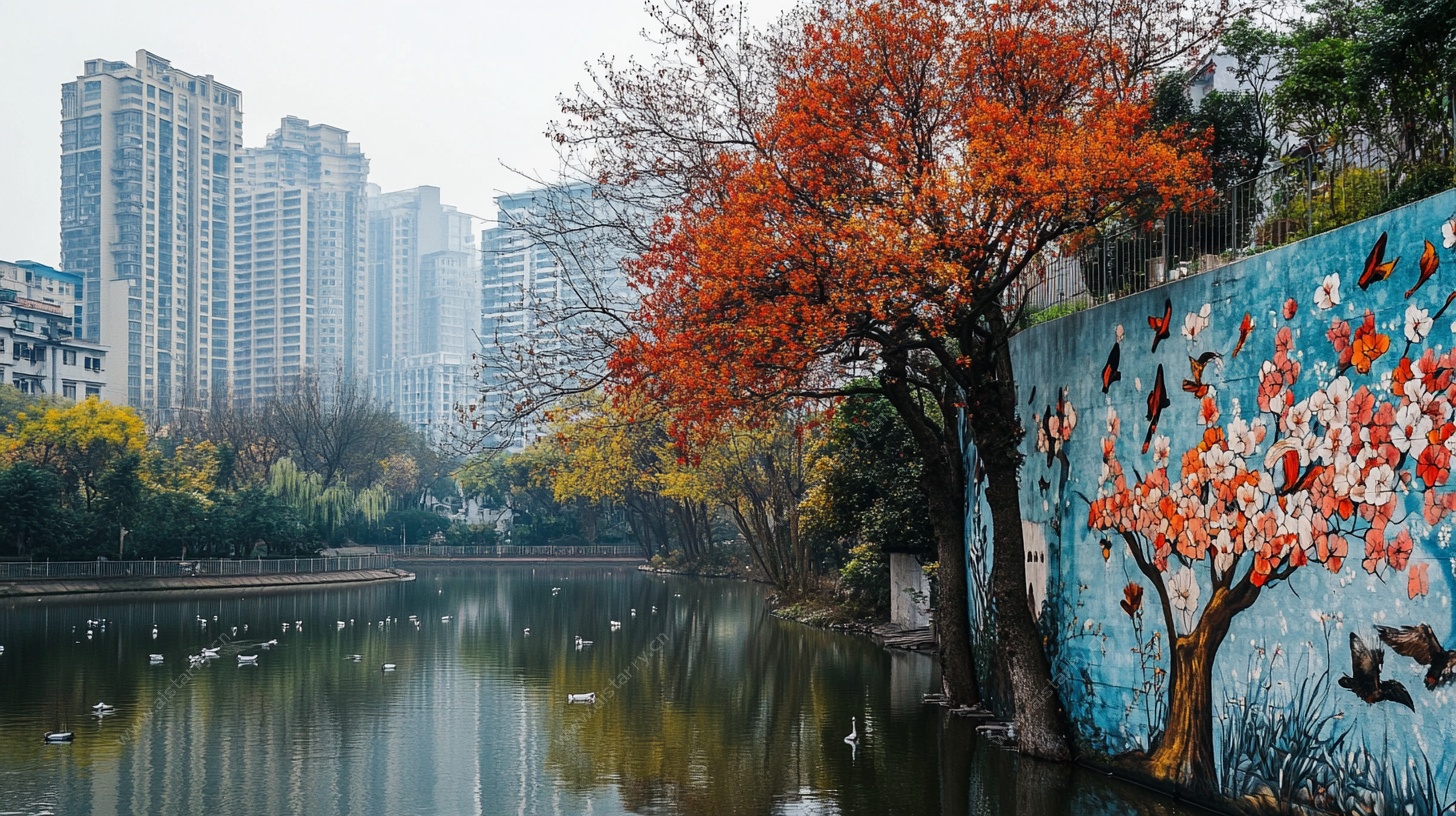 河畔彩墙秋景图