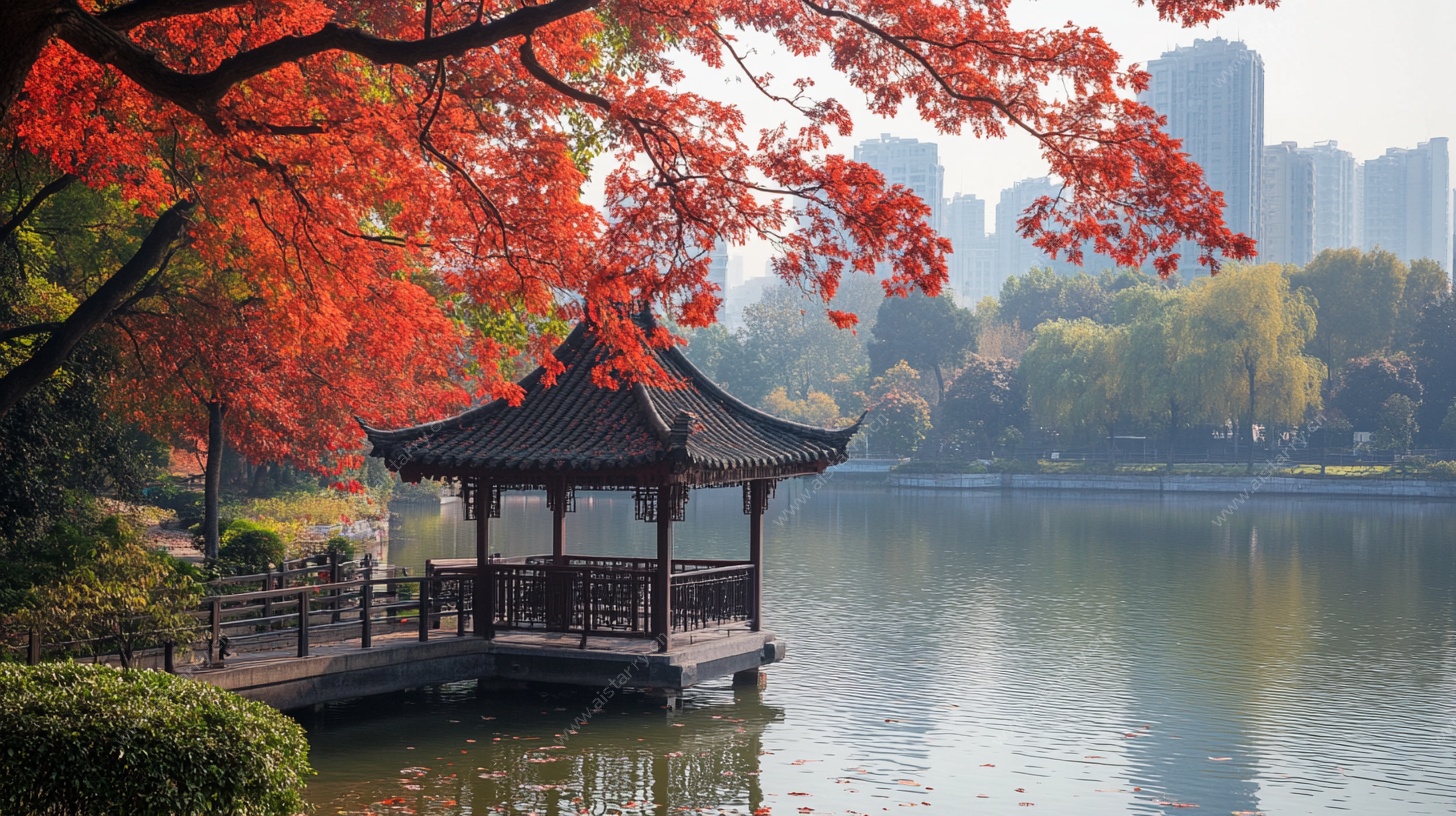湖畔红叶亭 城市秋日美景