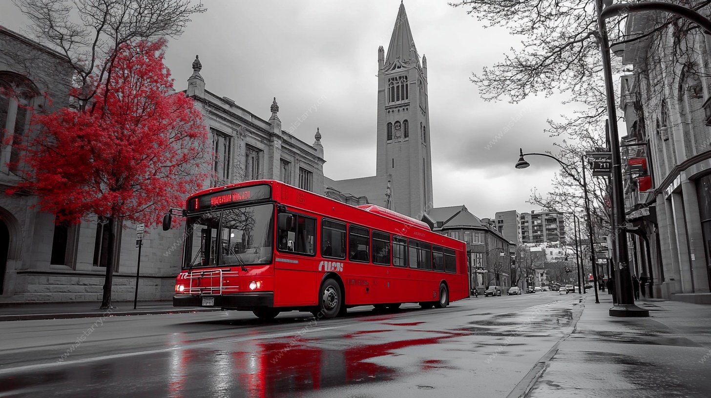 城市雨中的红色公交与教堂