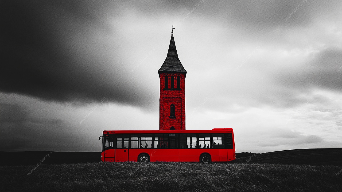 红色巴士与尖顶塔楼景观