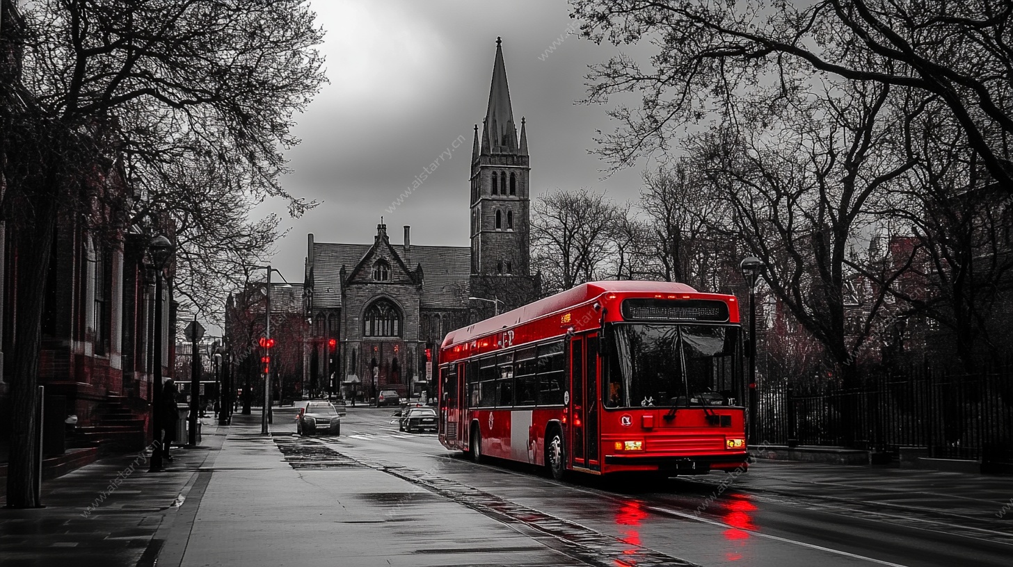 雨中街道的红色公交与教堂