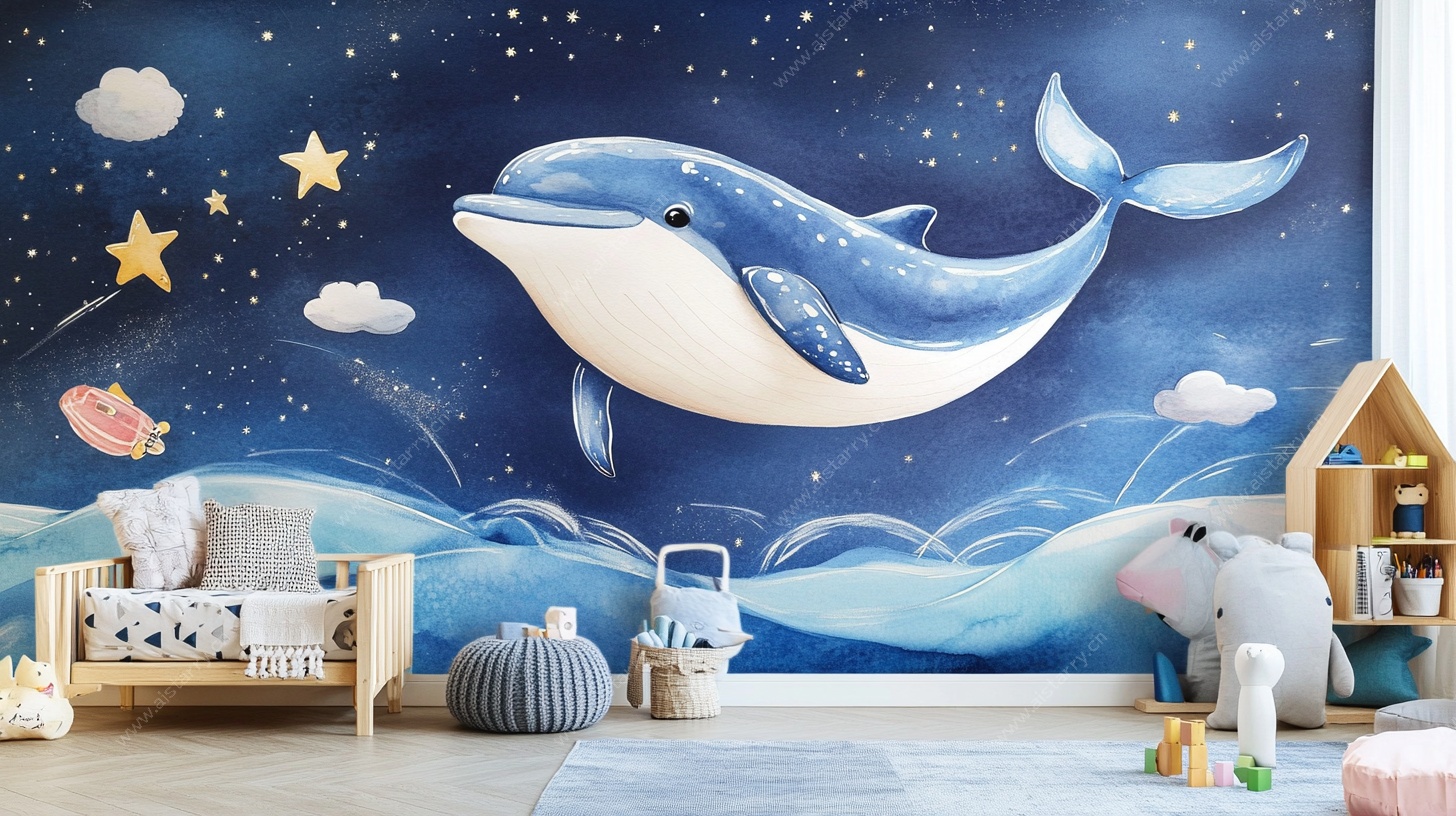 梦幻鲸鱼儿童房背景墙
