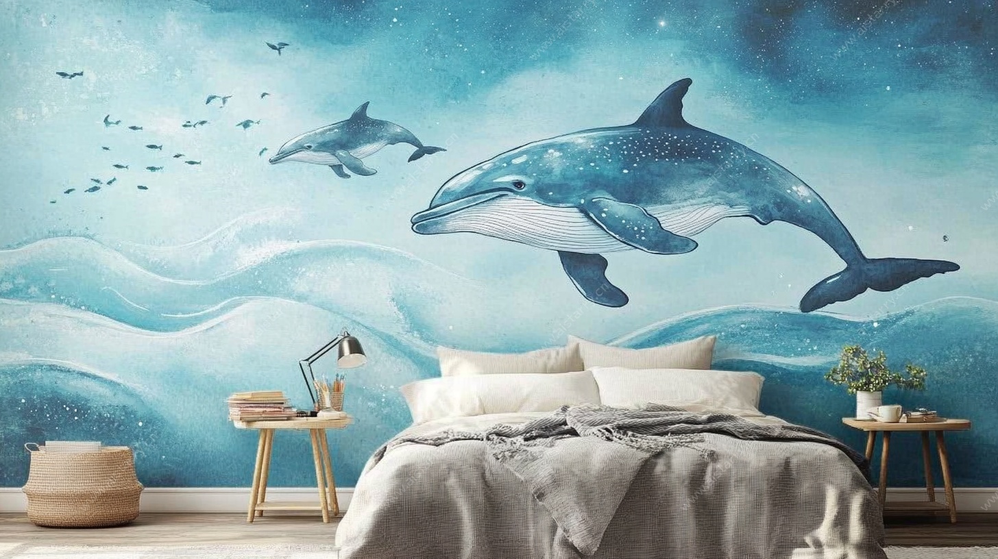 海洋风卧室海豚壁画装饰