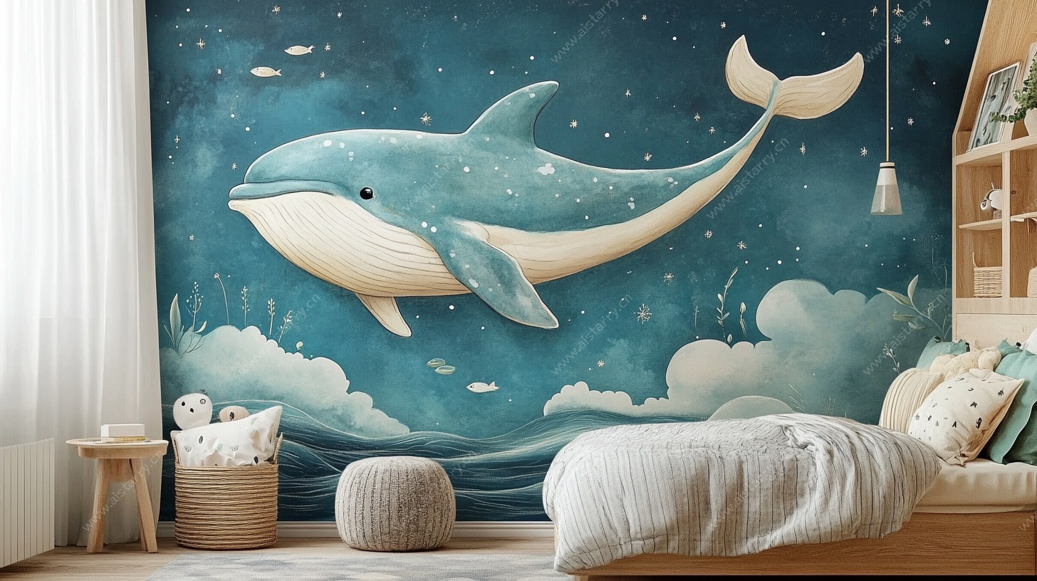 梦幻鲸鱼儿童房背景墙