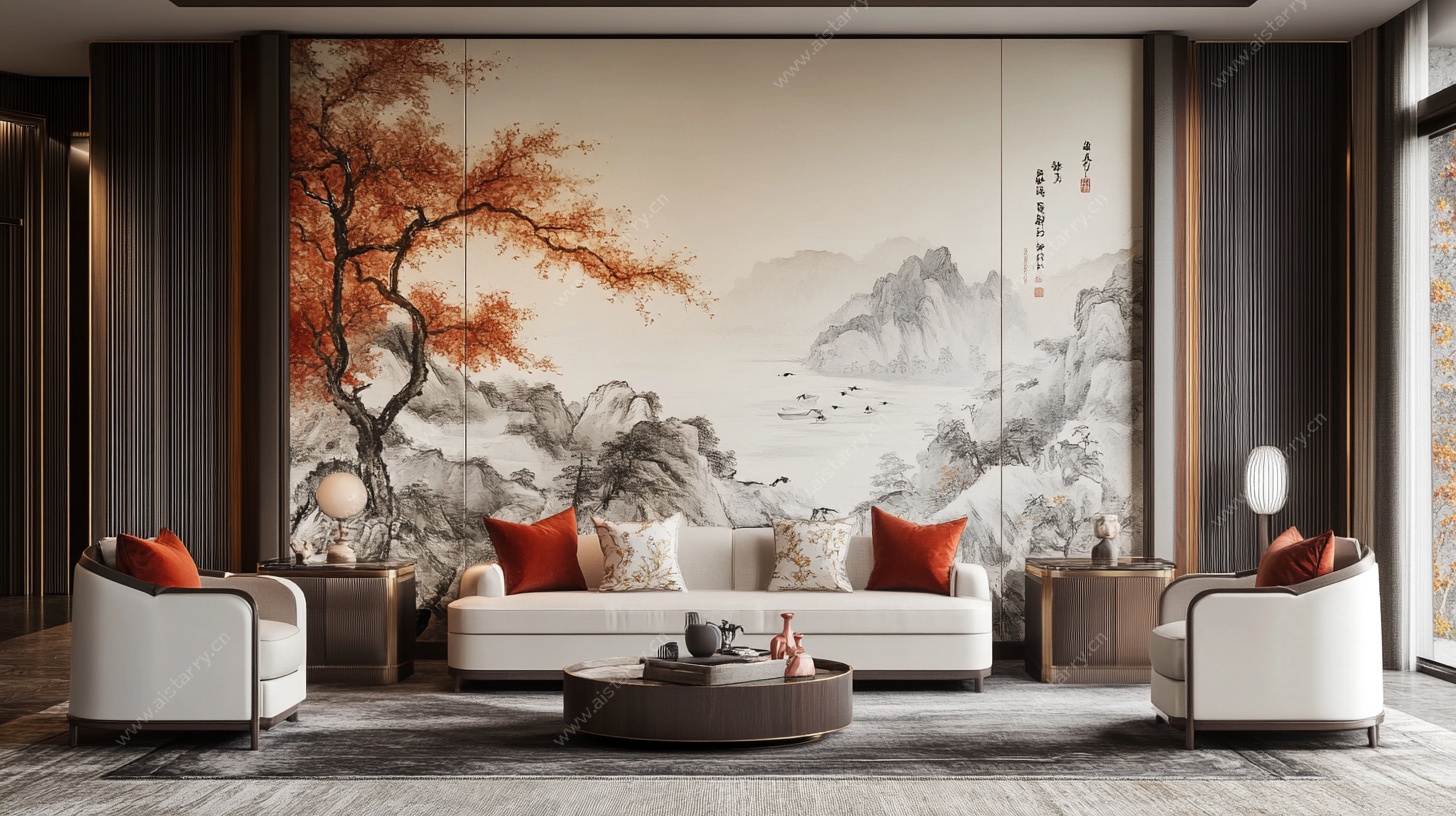 中式客厅 山水壁画装饰风