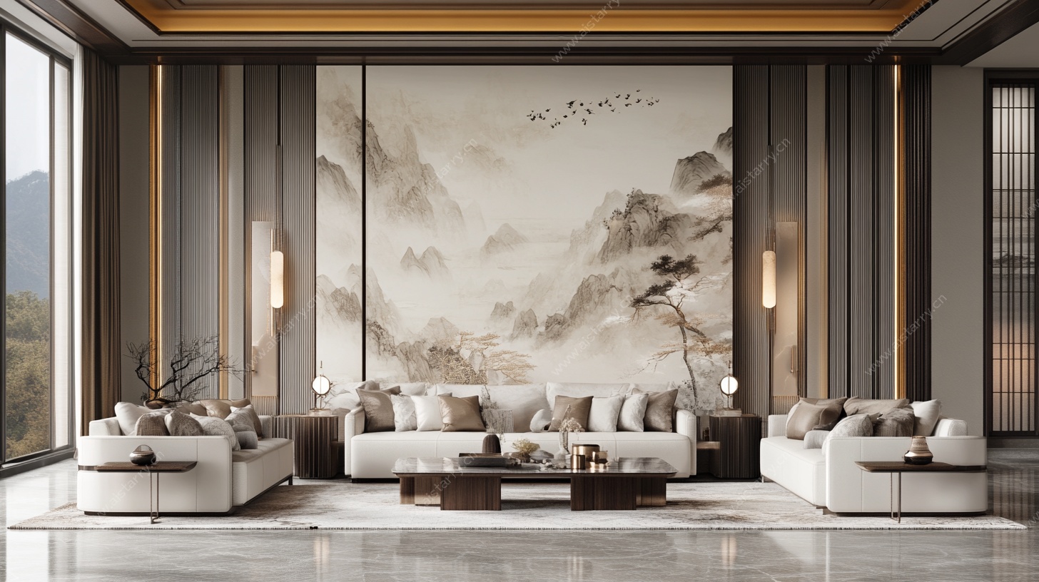 新中式客厅 山水壁画装饰