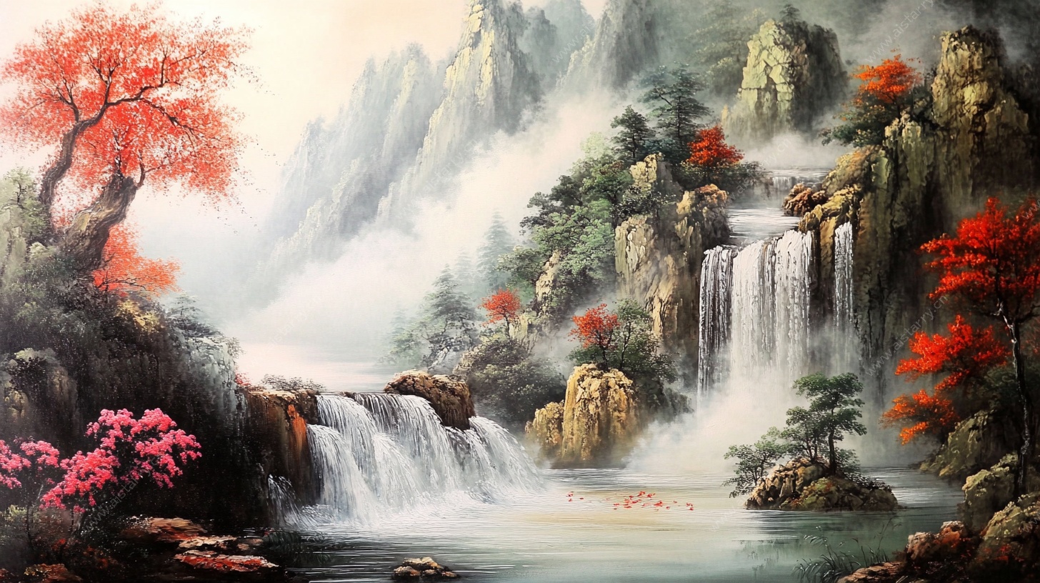 山水国画中的诗意瀑布景观