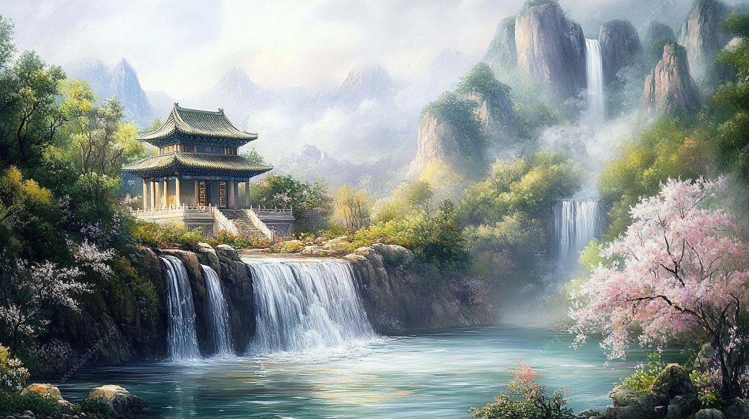 中式山水瀑布楼阁美景图