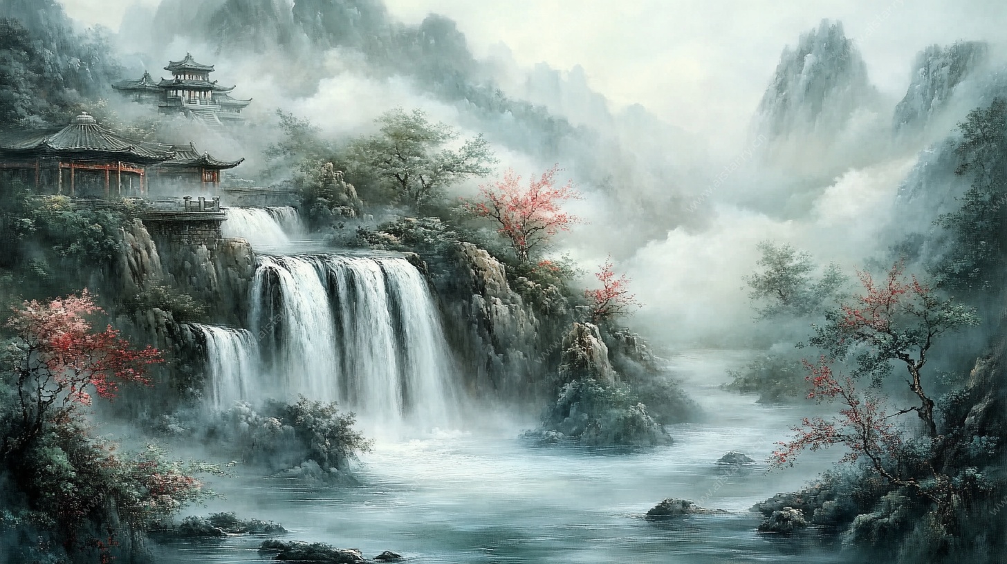 水墨山水瀑布亭阁图