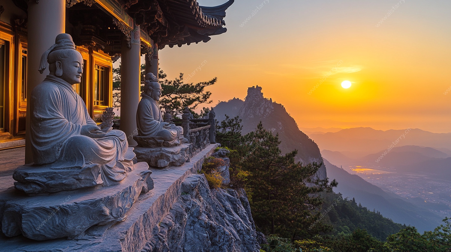 山顶古寺日落佛像美景