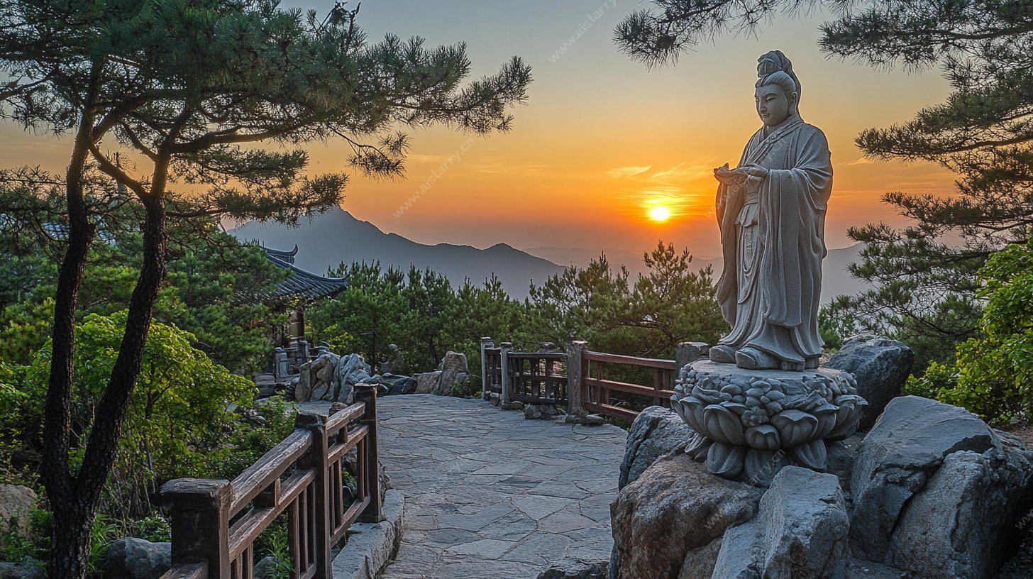 山间夕阳下的人物雕像景观