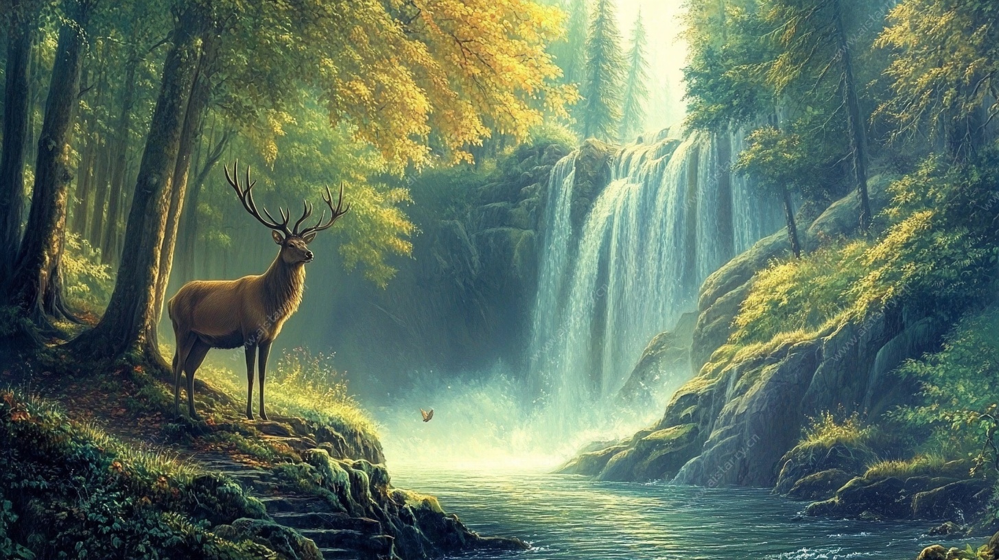森林中鹿与瀑布梦幻景象