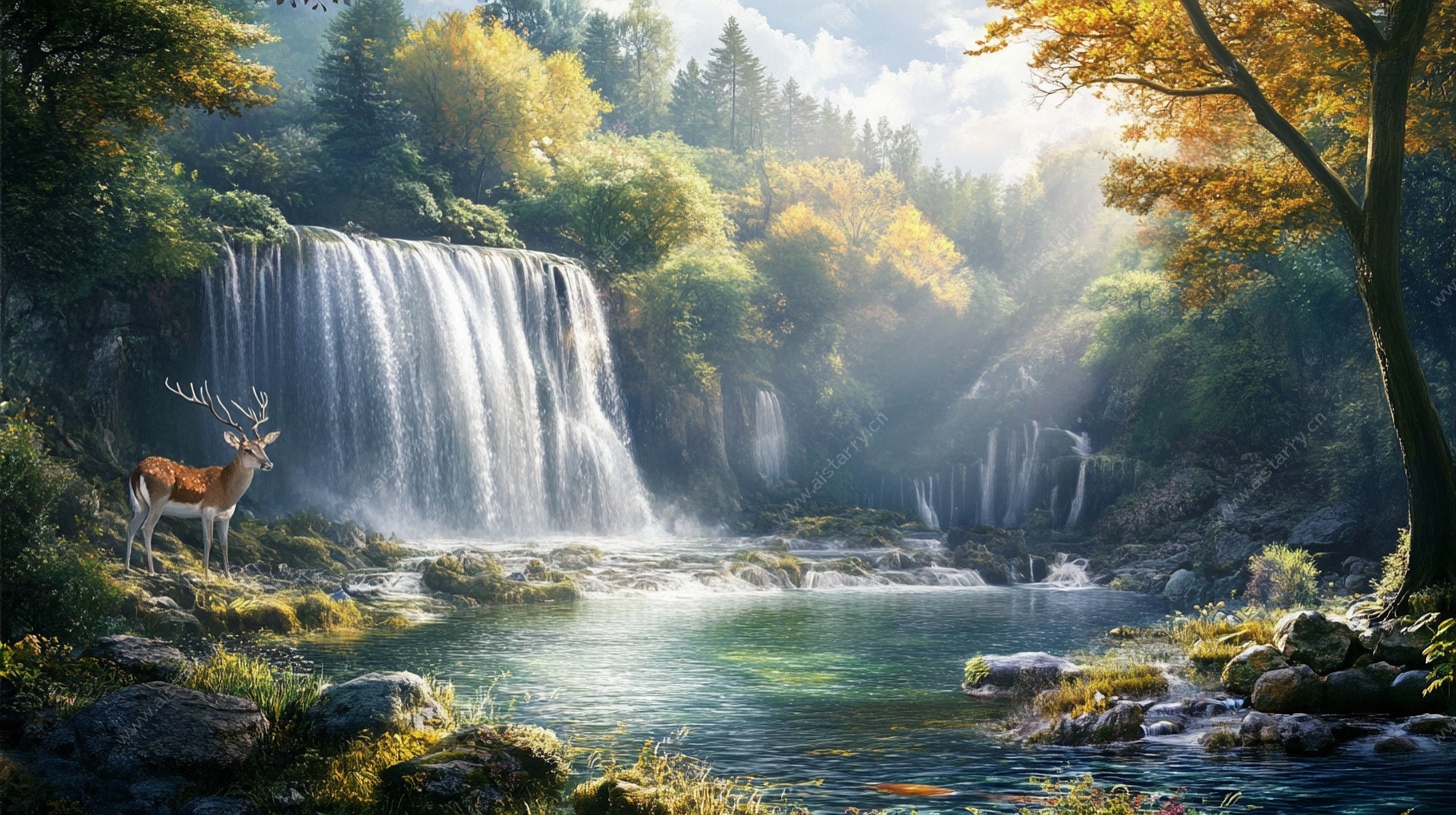 秋日森林瀑布旁的鹿景